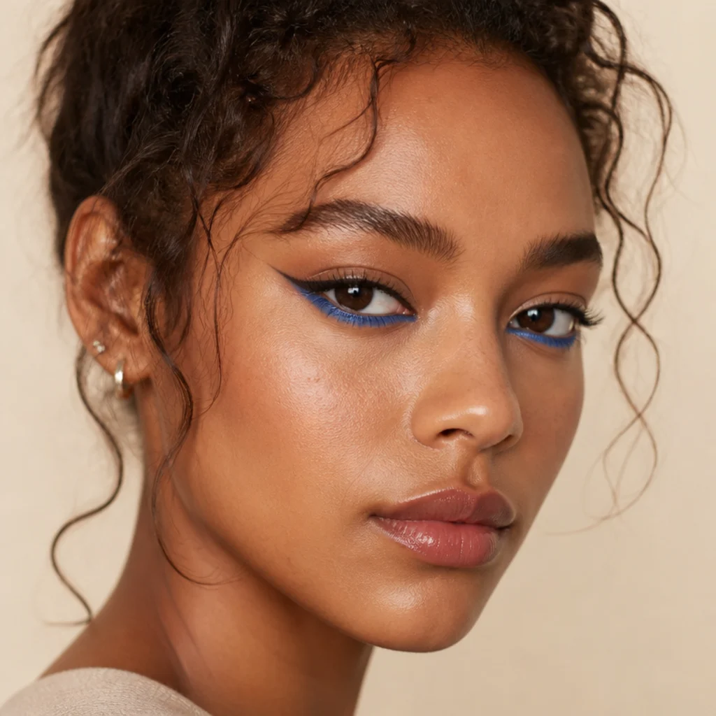 Model wearing foxy eyes with a bright colored lower waterline and a neutral lifted upper wing, playful beauty shot
