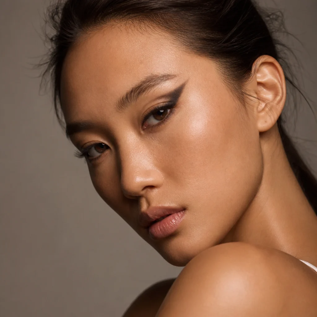 Model wearing an editorial high-lift foxy eye with an exaggerated elongated shape and sleek finish, dramatic beauty shot