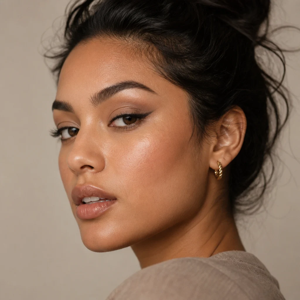Model with a lifted foxy eye look, taupe shadow and winged liner angled toward the temple, three-quarter angle on a warm ivory background