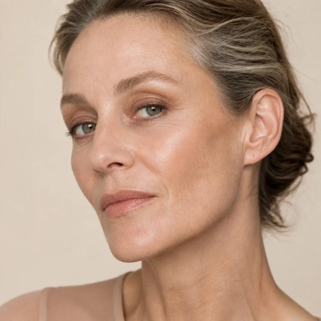 Model with a subtle bronze wash foxy eye and a soft angled outer smudge in natural daylight