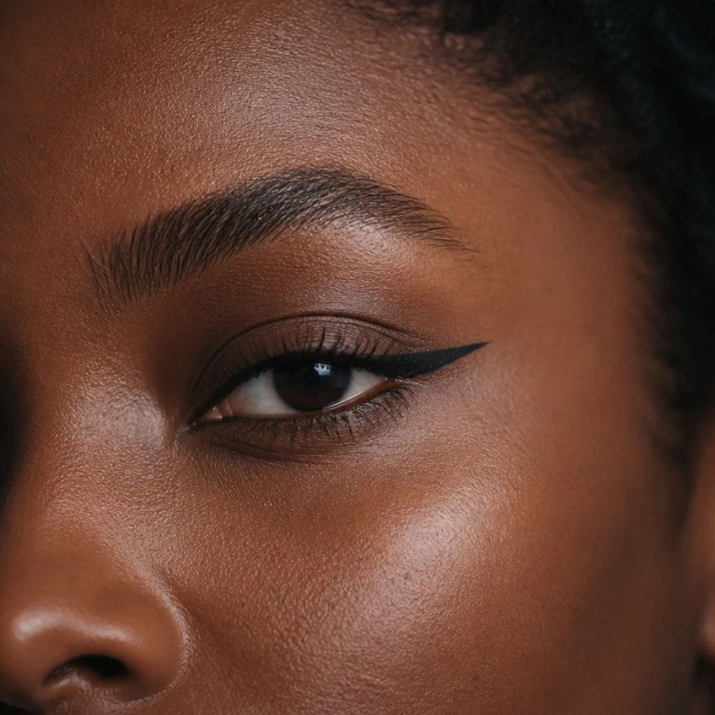Close-up of a crisp black elongated winged liner extending straight toward the temple on a lifted lid