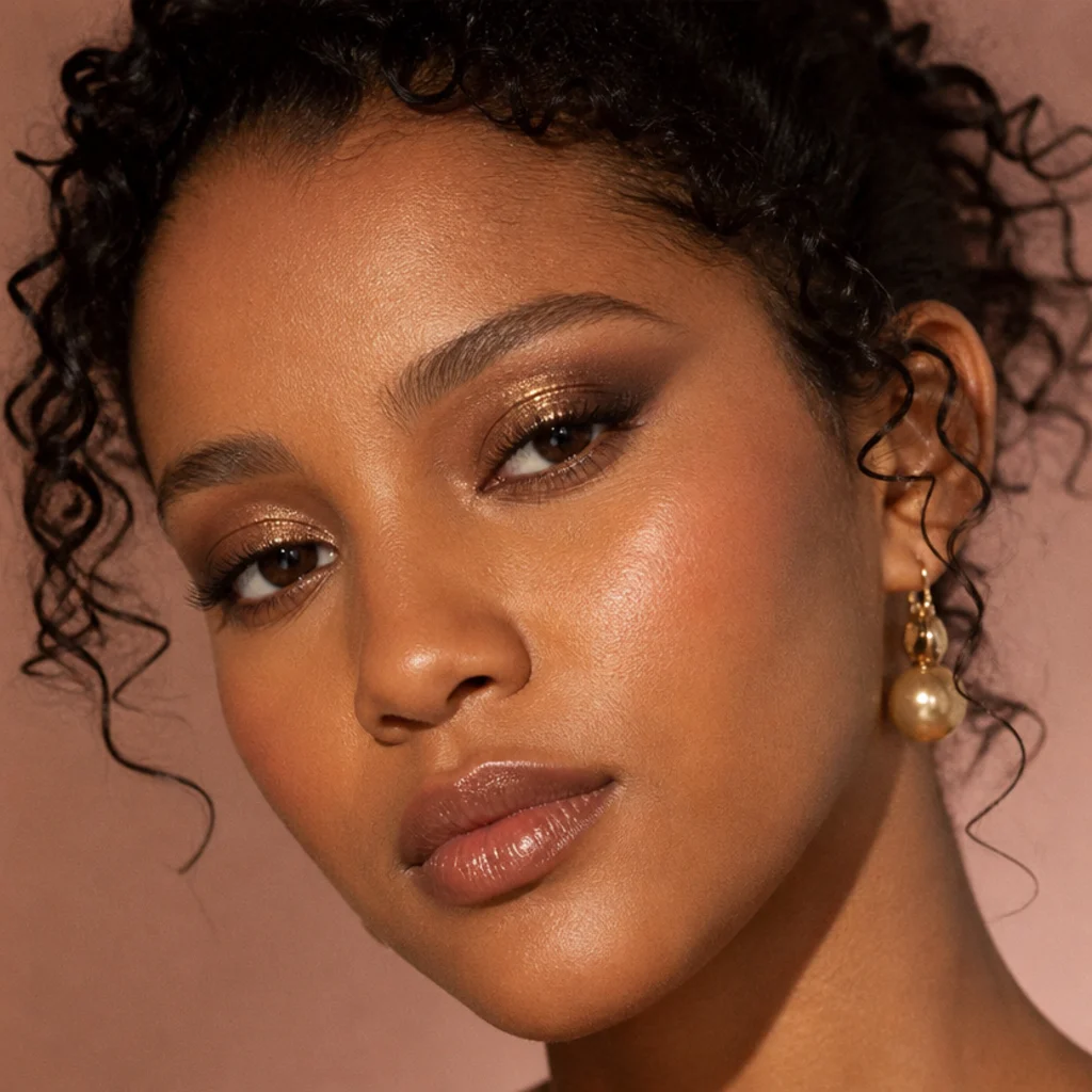Model wearing glitter foxy eyes with a golden sparkle lid and a lifted outer smoke under evening light