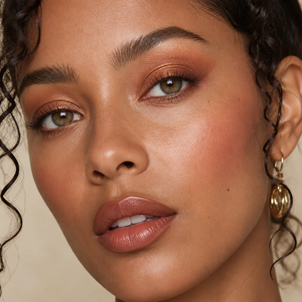 Model with a warm copper smoked foxy eye blended up and out toward the brow for an autumnal finish