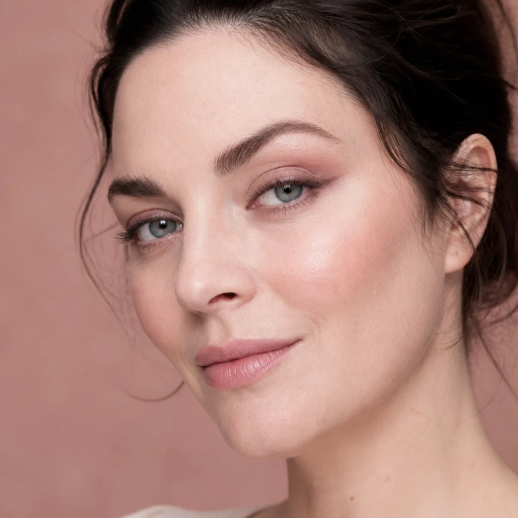 Model with a soft rosy mauve lifted eye and diffused outer corner for a wearable everyday look