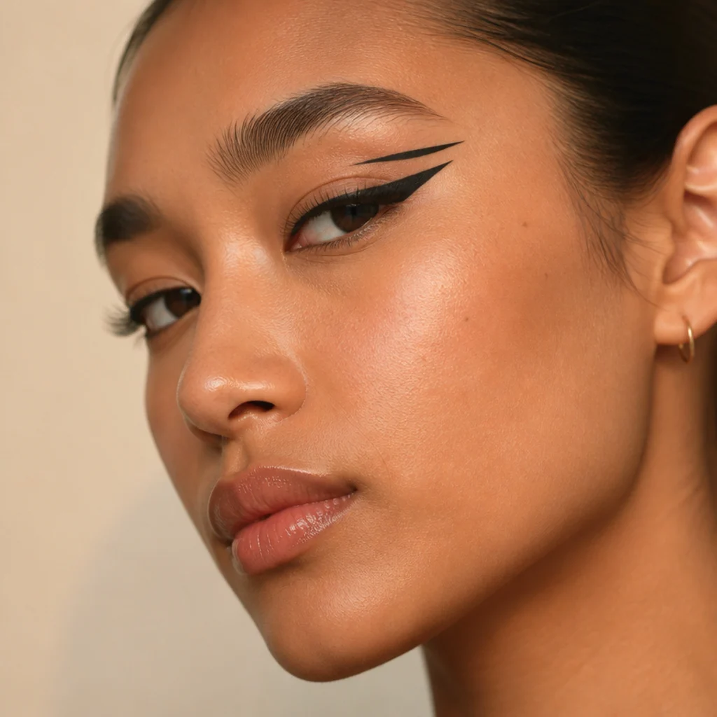 Model with a graphic double-wing foxy liner, one line along the lash line and a floating line above it