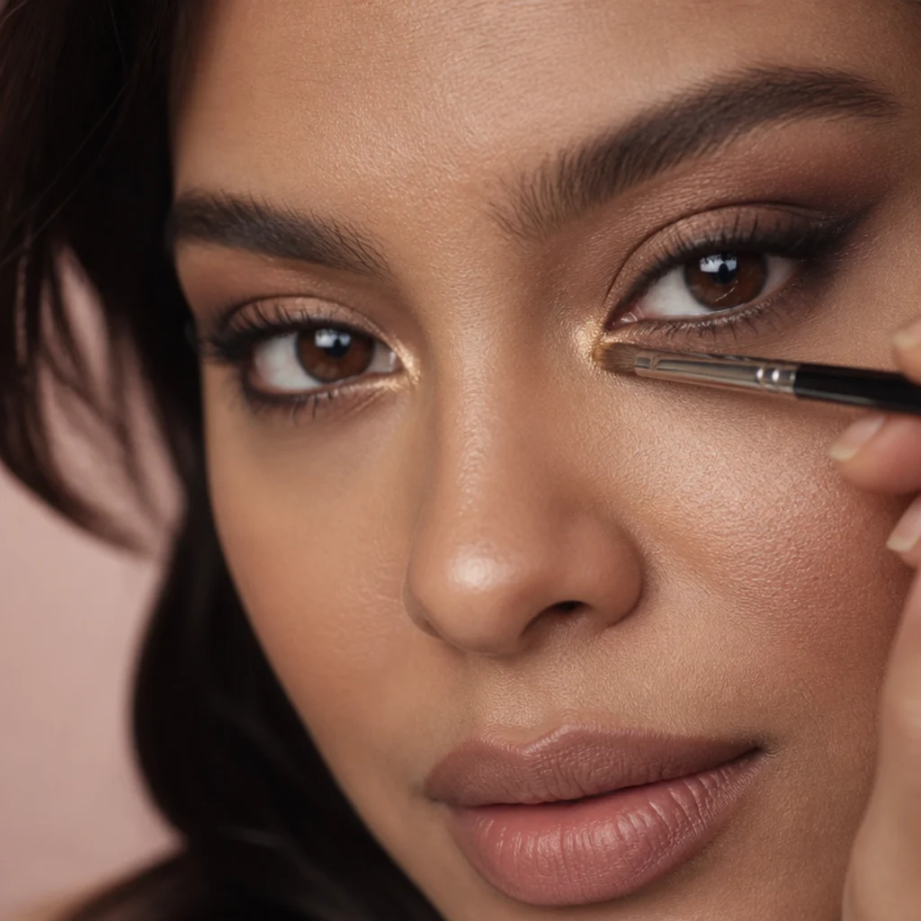 Model with a neutral lifted eye and bright gold foil packed into the inner corner for contrast