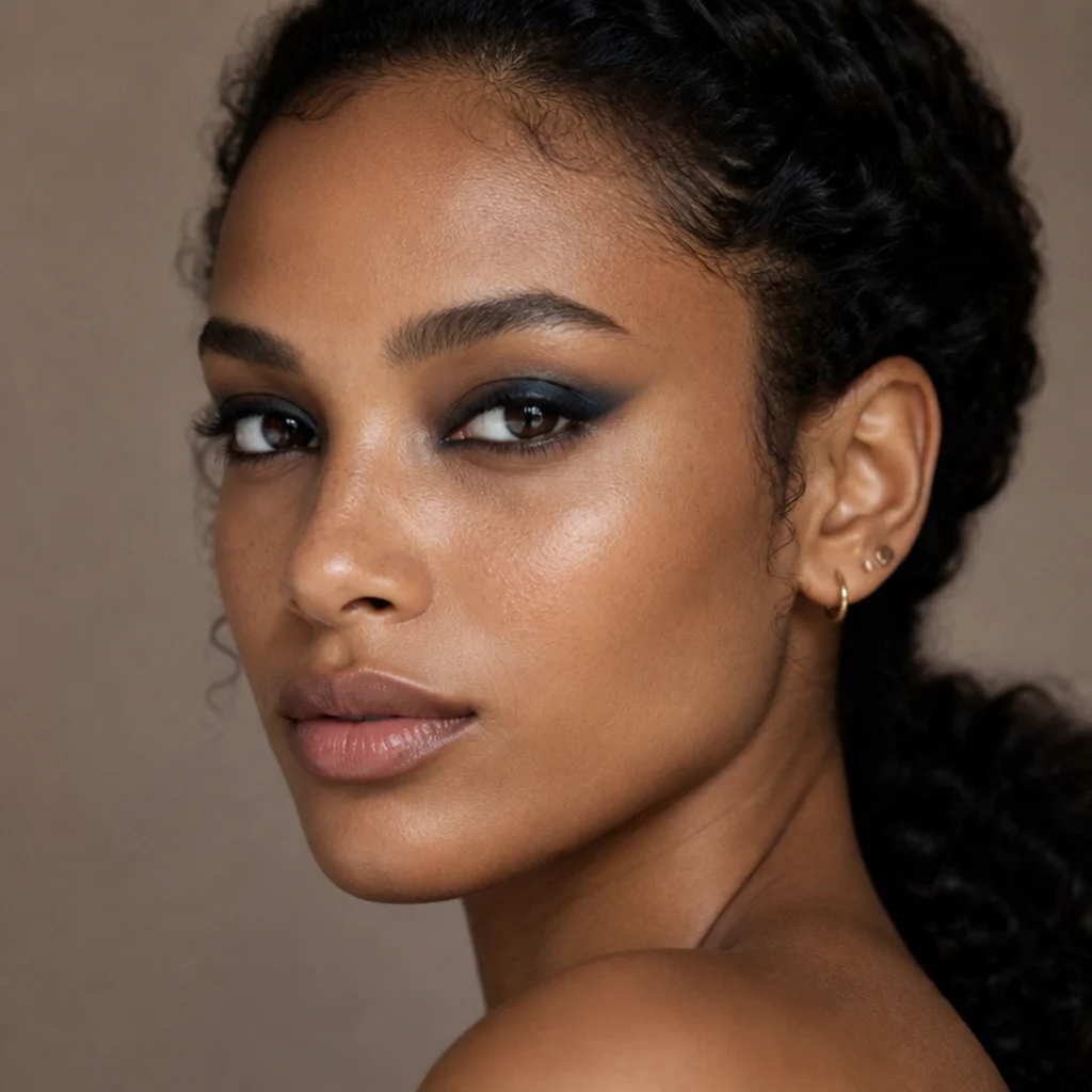 Model with a deep navy smoked eye lifted at the outer corner as a softer alternative to black