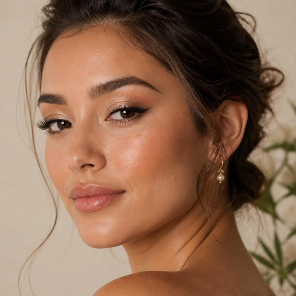 Bridal model with a soft champagne shimmer lid, lifted outer corner and fluttery lashes