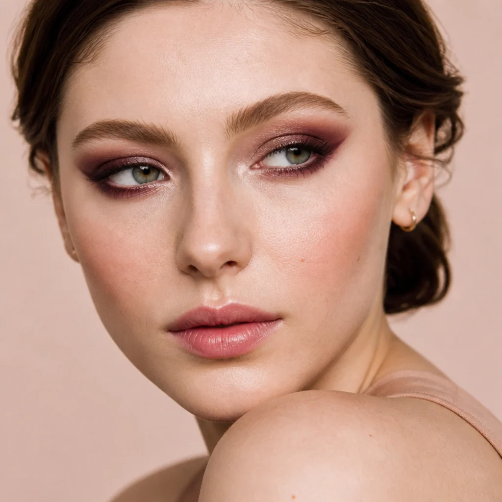 Model with a plum shimmer lid lifted at the outer corner, flattering the eyes with cool depth