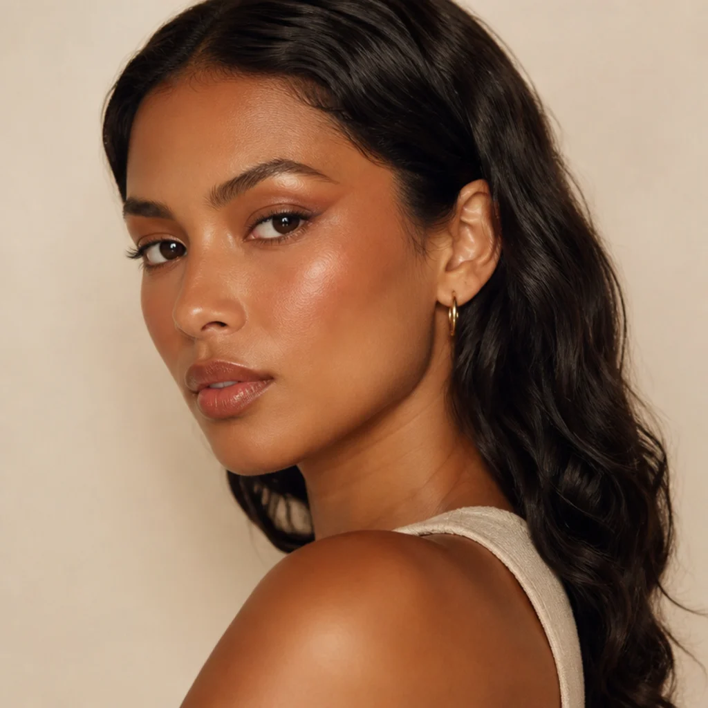 Model with a bronzed lifted eye matched to warm bronze blush and lip for a monochrome finish