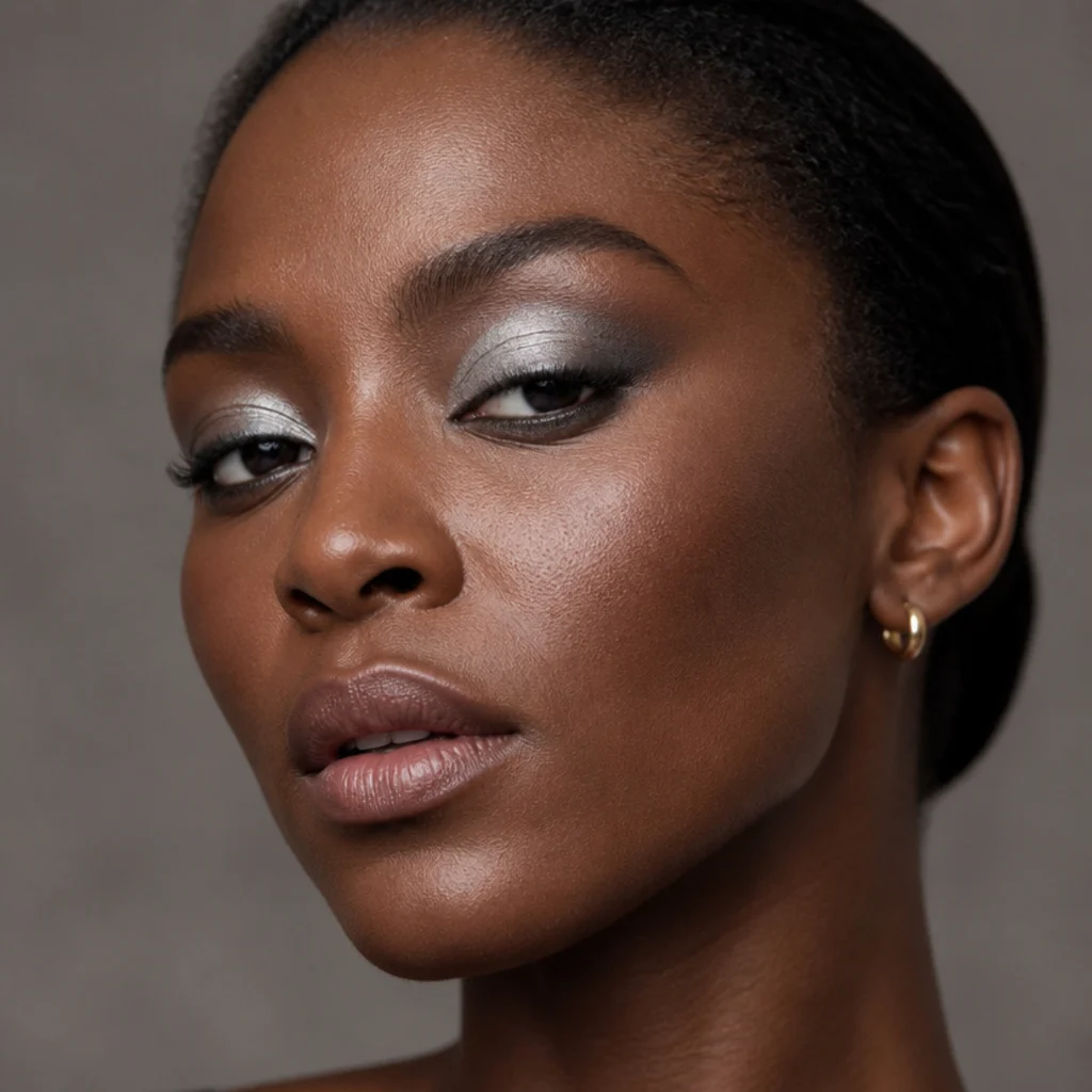 Model with a cool frosted silver lid lifted at the outer corner for an icy modern look