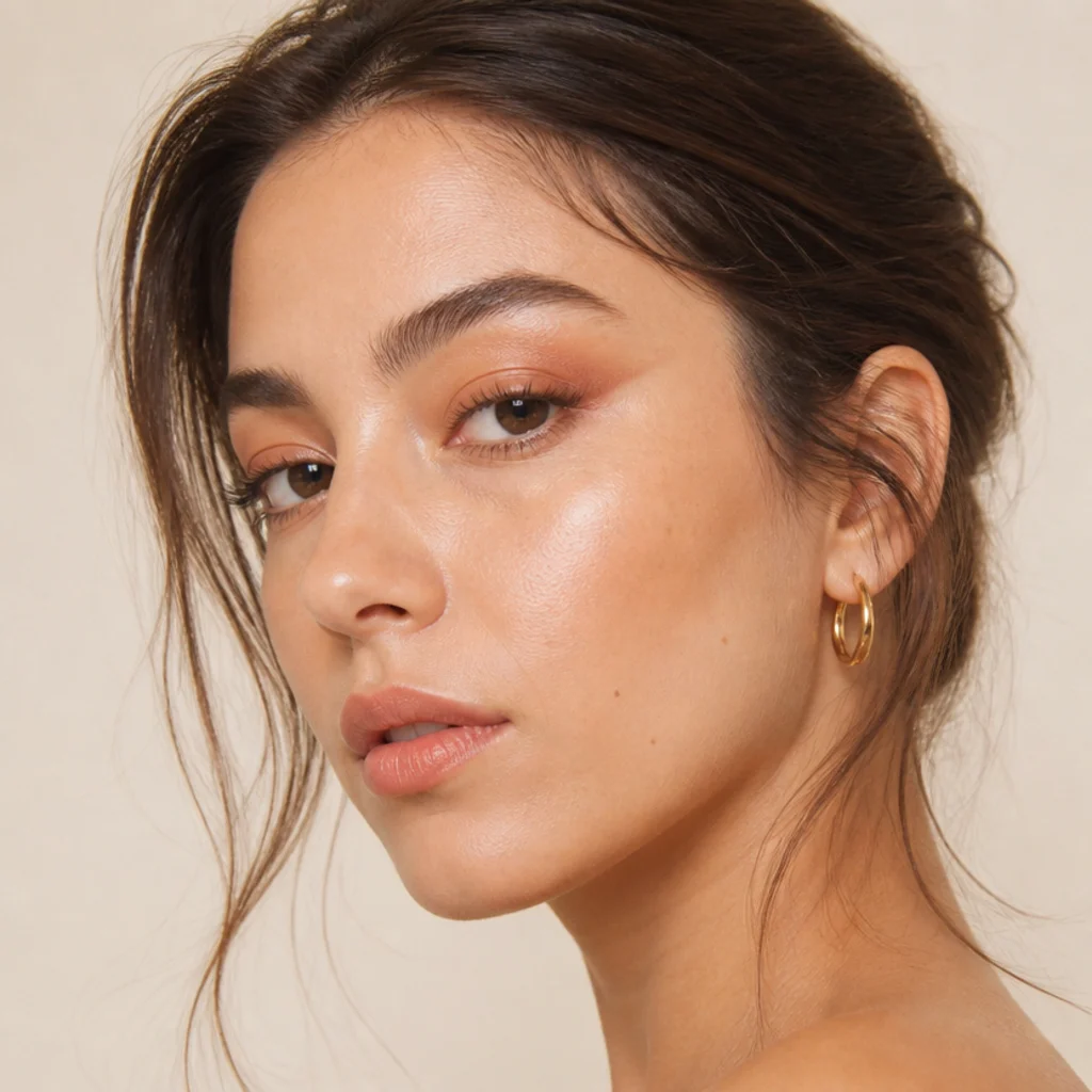 Model with a soft peach washed lid lifted gently at the outer corner for a fresh daytime glow