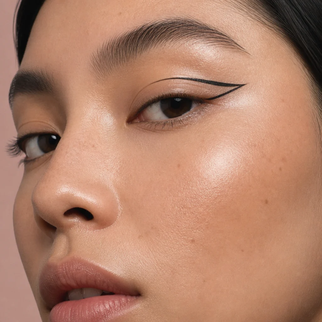 Model with a bold floating liner arc set above the crease and angled up for a high-fashion foxy effect
