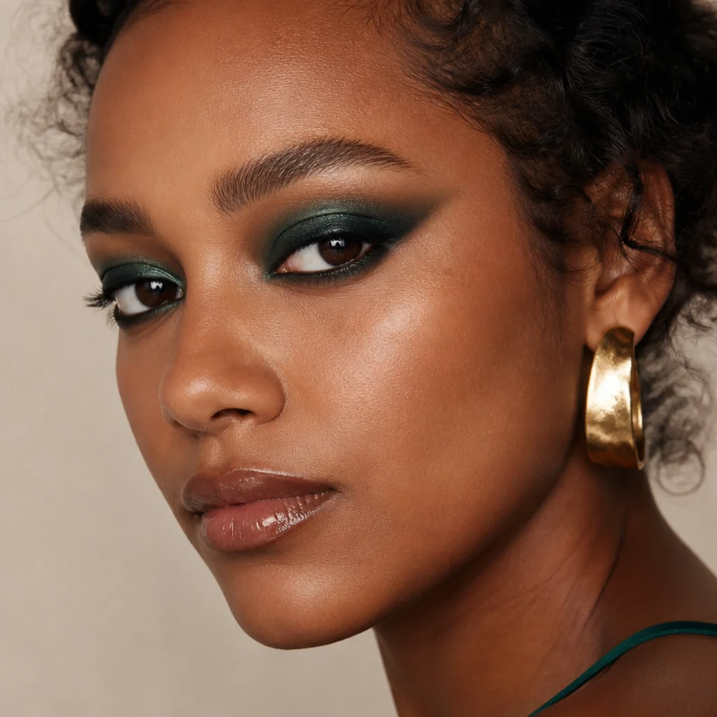 Model with a deep emerald smoked eye lifted at the outer corner, rich against neutral skin