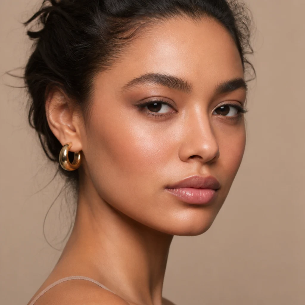 Model with feathered brushed-up brows paired with a lifted outer eye for a cohesive foxy lift