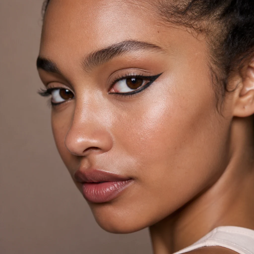 Model with reverse liner along the lower lash line lifted at the outer corner for an unexpected foxy shape