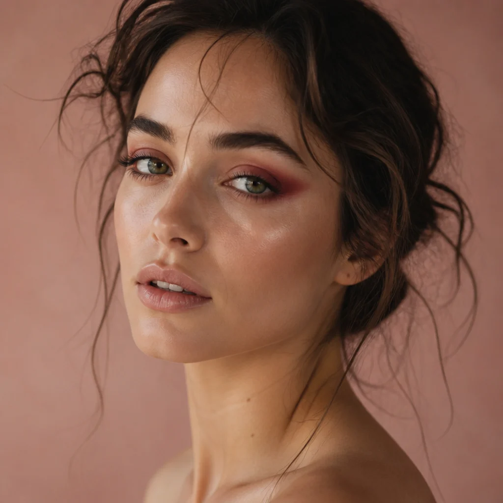 Model with a diffused cranberry wash lifted at the outer corner for a soft romantic smoke