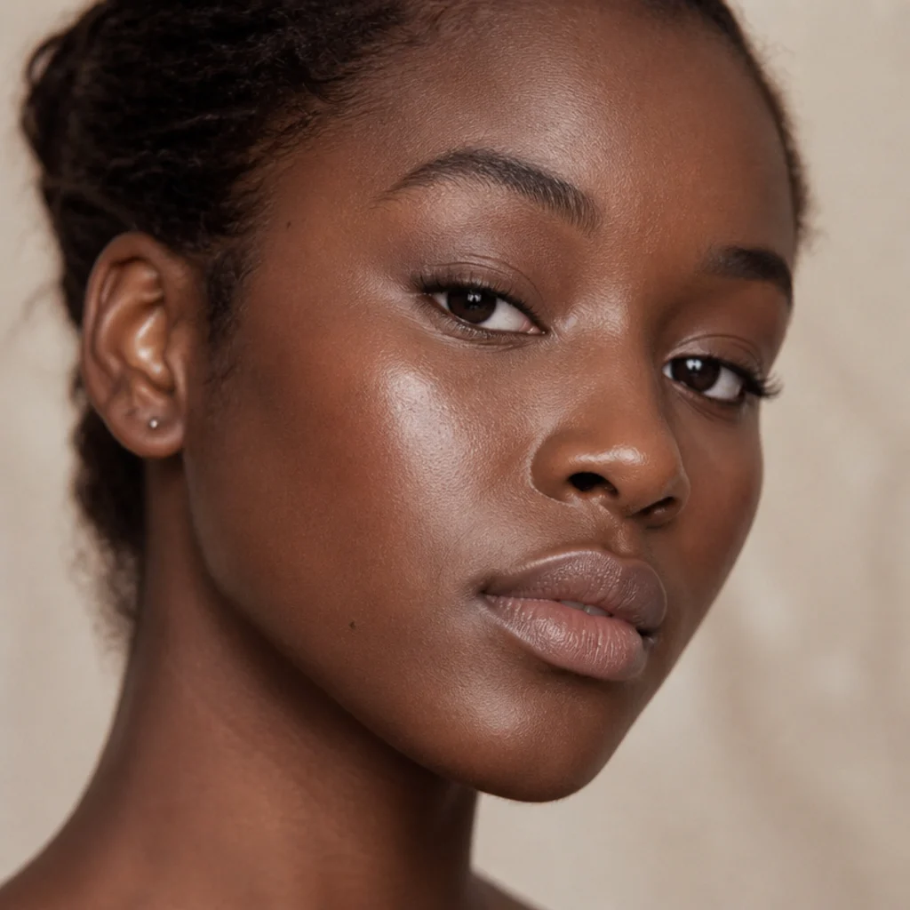 Model with a nude glowing lid and the faintest lifted outer shadow for a no-makeup fox effect