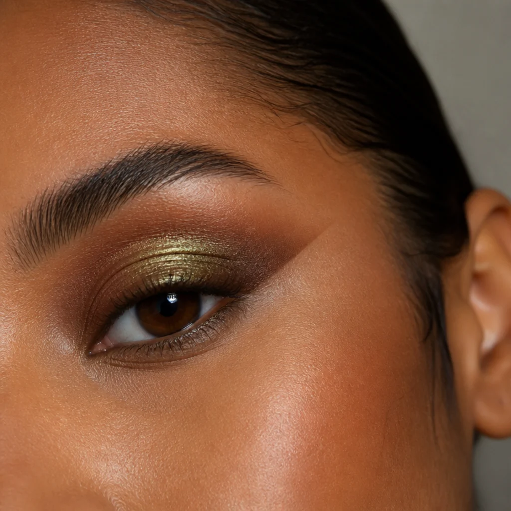 Model with a duochrome bronze lid shifting to green at the outer corner for a lifted color shift