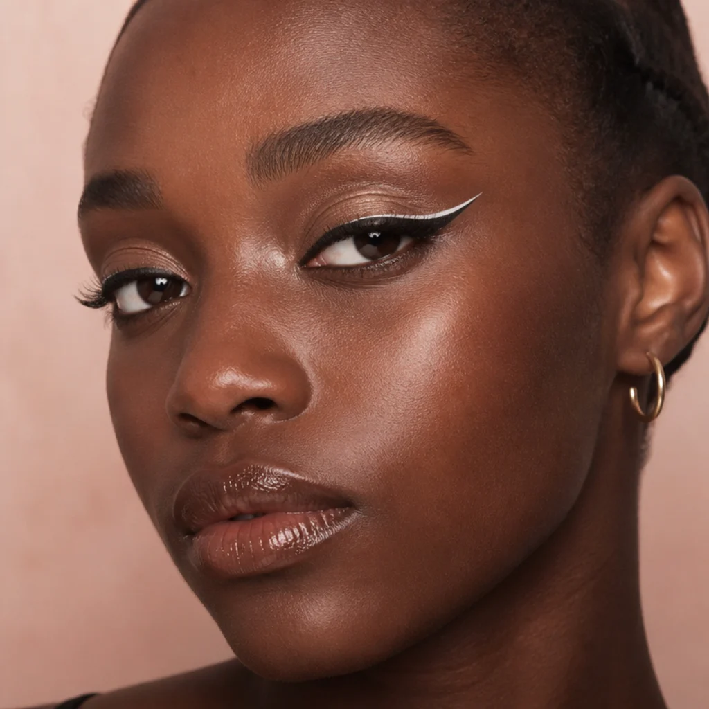 Model with a lifted neutral eye and a crisp white graphic line accenting the outer corner