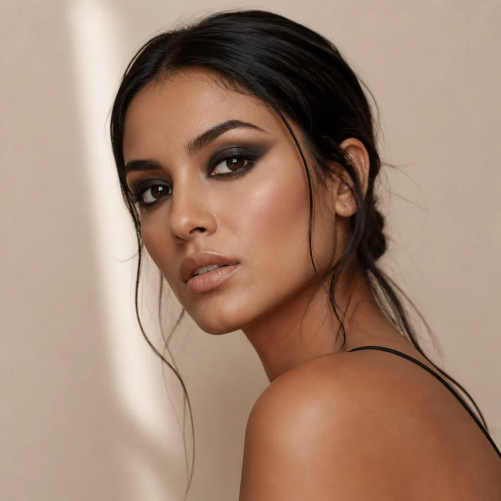 Model with a full black smoked eye lifted and elongated at the outer corner for evening drama