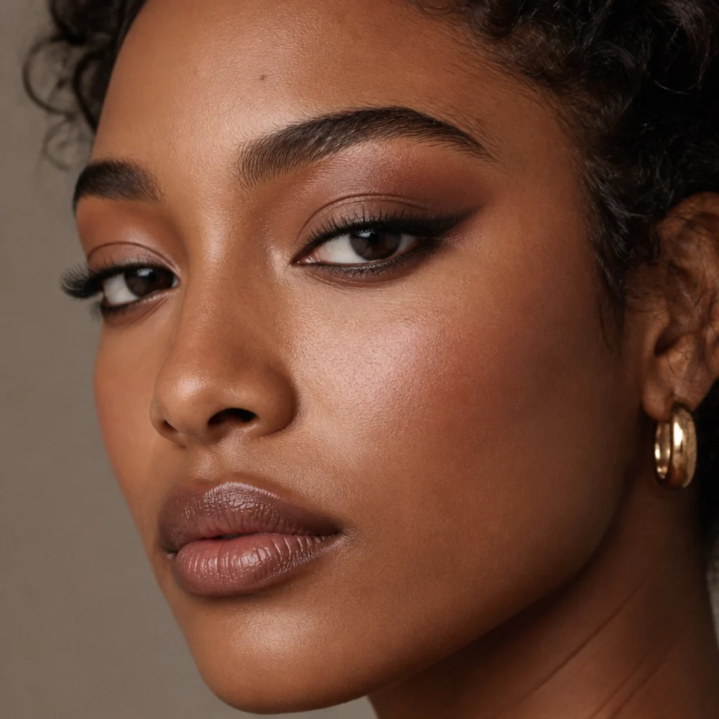 Model demonstrating a hybrid siren and foxy eye with elongated liner and soft rounded lower smoke
