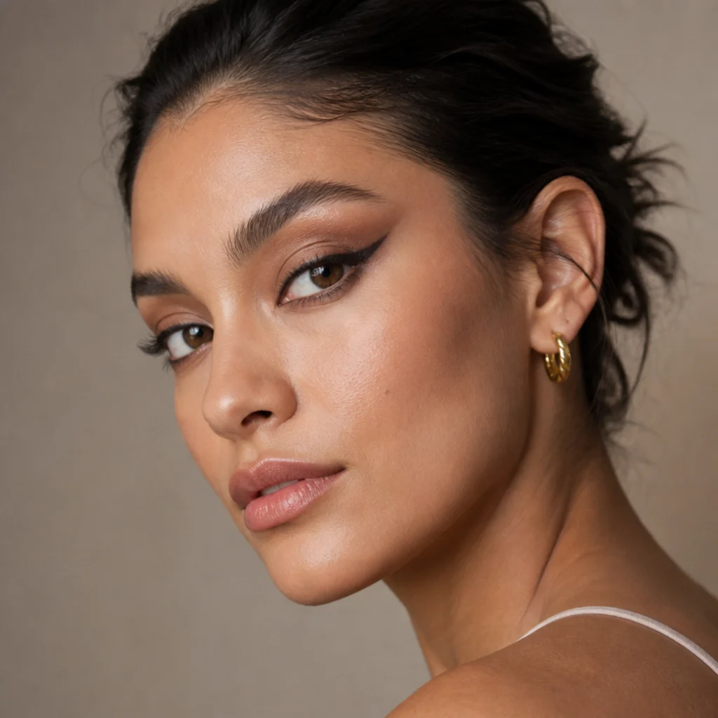 Three-quarter beauty portrait of a model with lifted foxy eyes makeup, warm bronze shadow and a sleek elongated wing