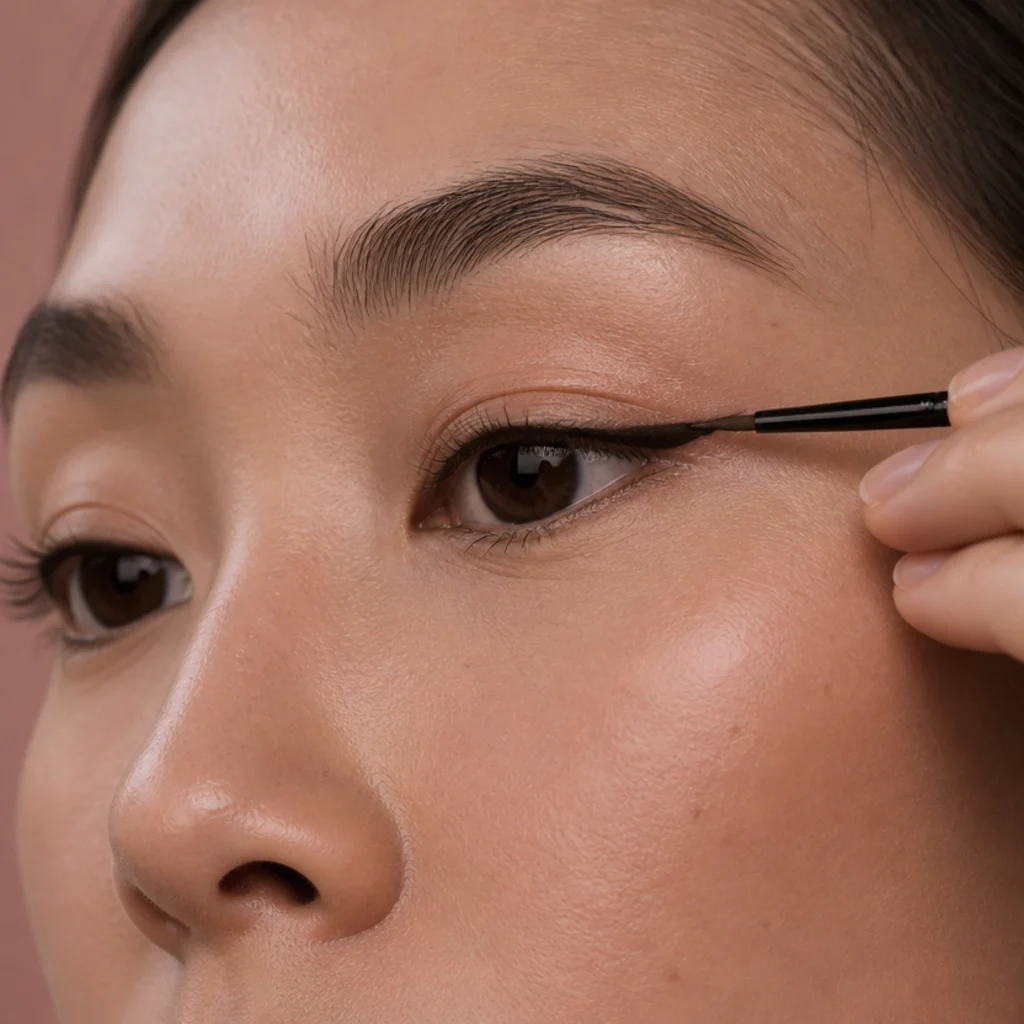 Close-up of a liner brush drawing a soft angled wing from the outer corner toward the brow tail on a hooded lid