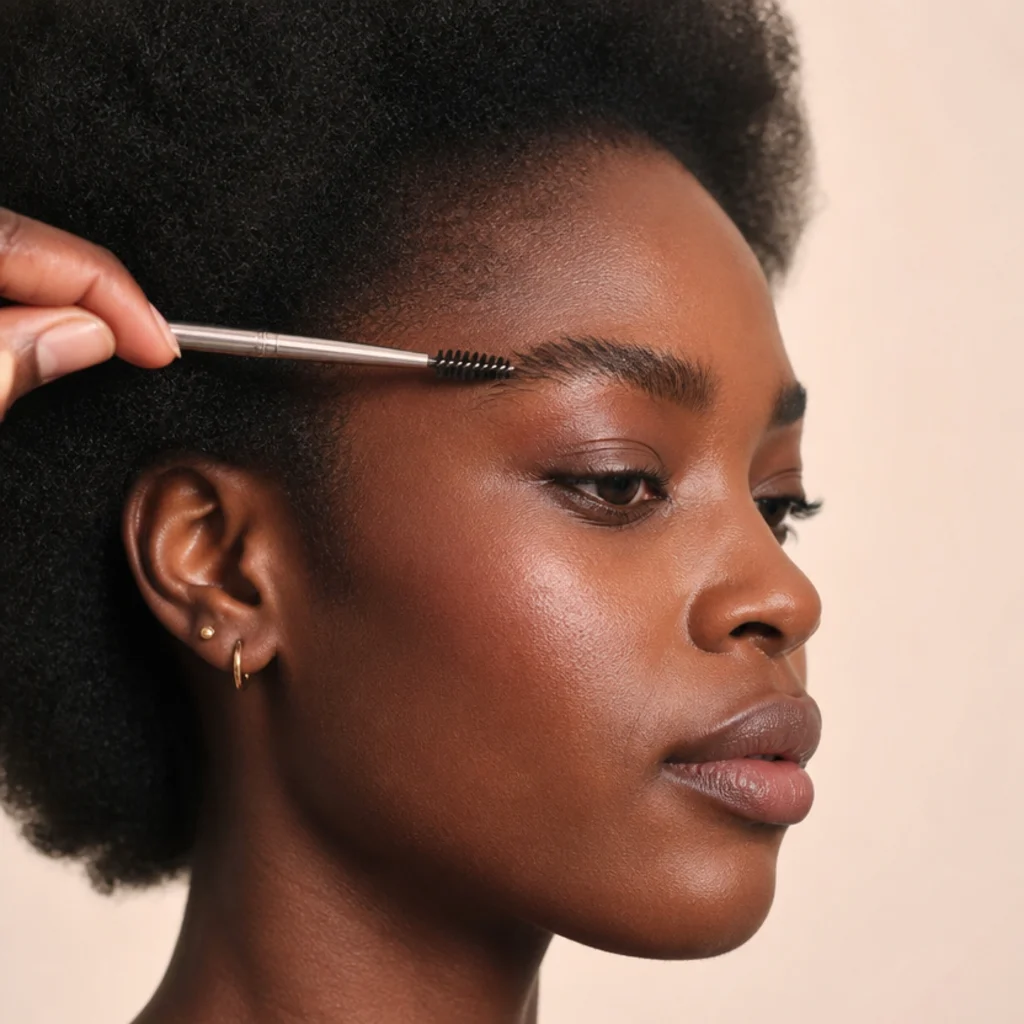 Side profile of a model having the brow tail brushed slightly upward to echo the lifted eye angle