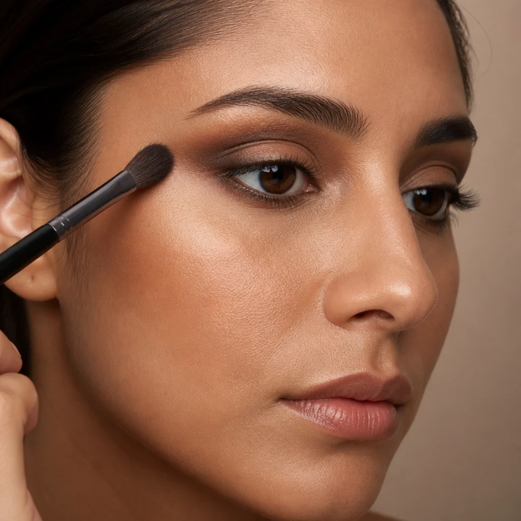 Macro shot of a blending brush diffusing warm taupe shadow into a clean gradient at the outer eye corner