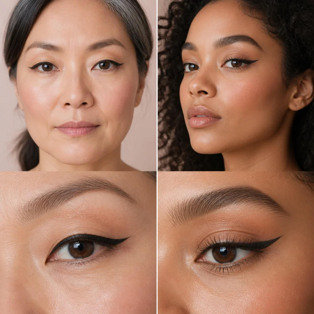 Comparison-style beauty portrait showing tailored foxy liner placement on a hooded eye versus a round eye