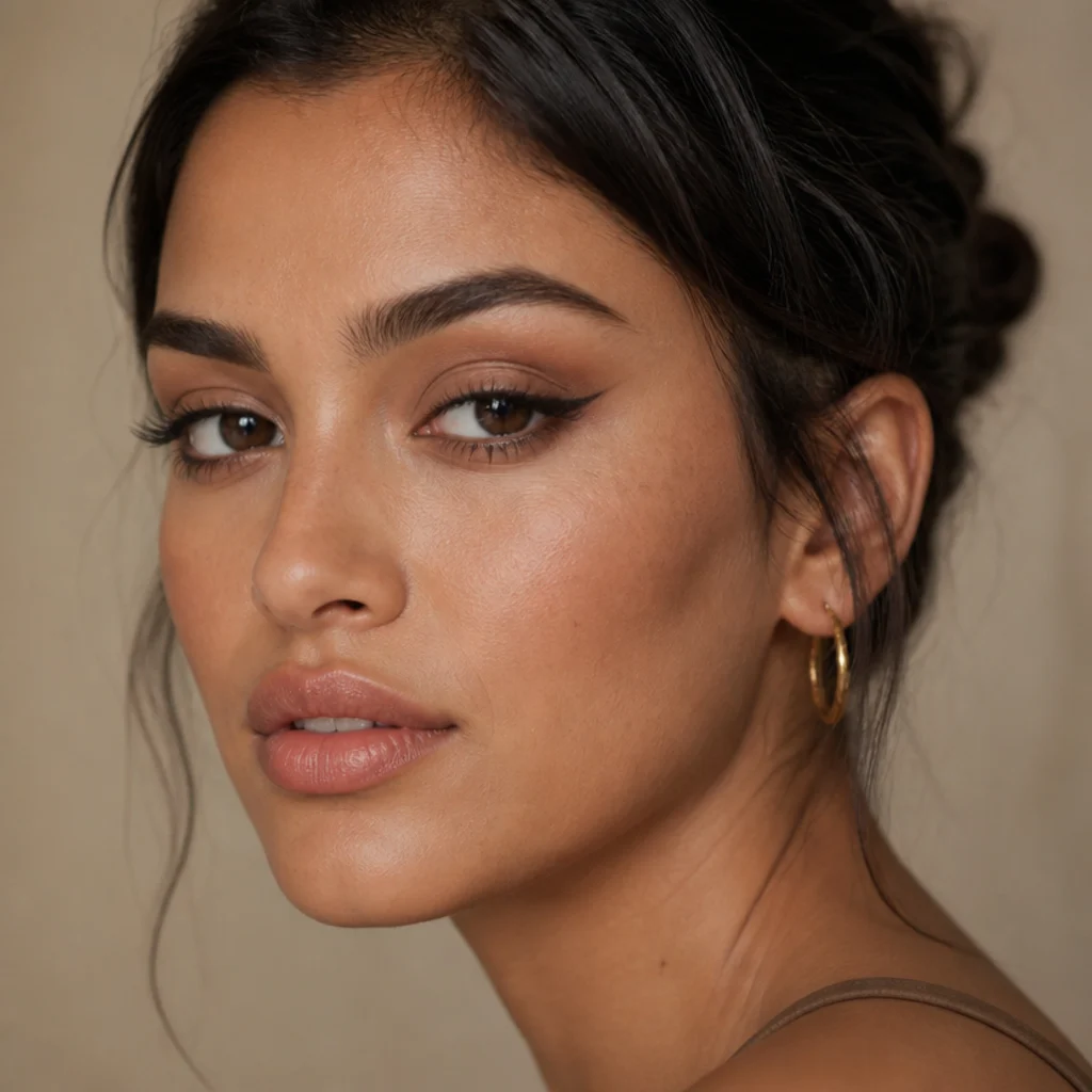 Three-quarter beauty portrait of a model with lifted foxy eyes, taupe blended shadow and a sharp upward wing
