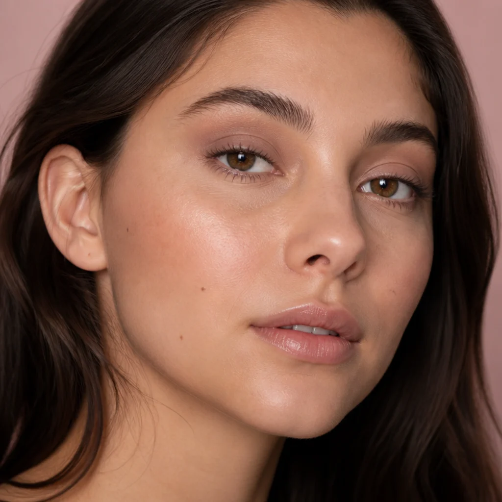 Close-up of a minimal cool-taupe wash blended diagonally up toward the brow tail for a barely-there soft foxy lift with no visible liner