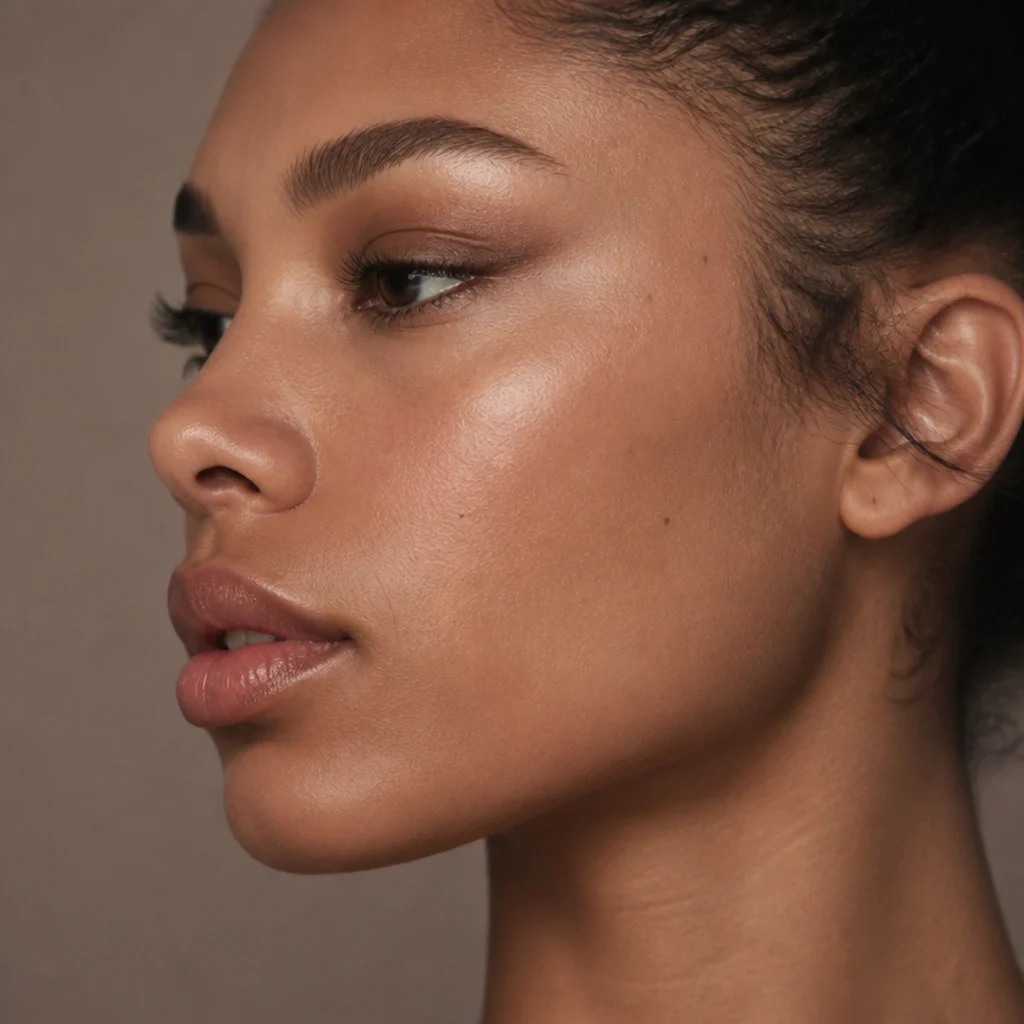 Side profile showing a soft medium-brown shadow wing stamped and blurred toward the temple for an elongated foxy eye with a blurred upper edge