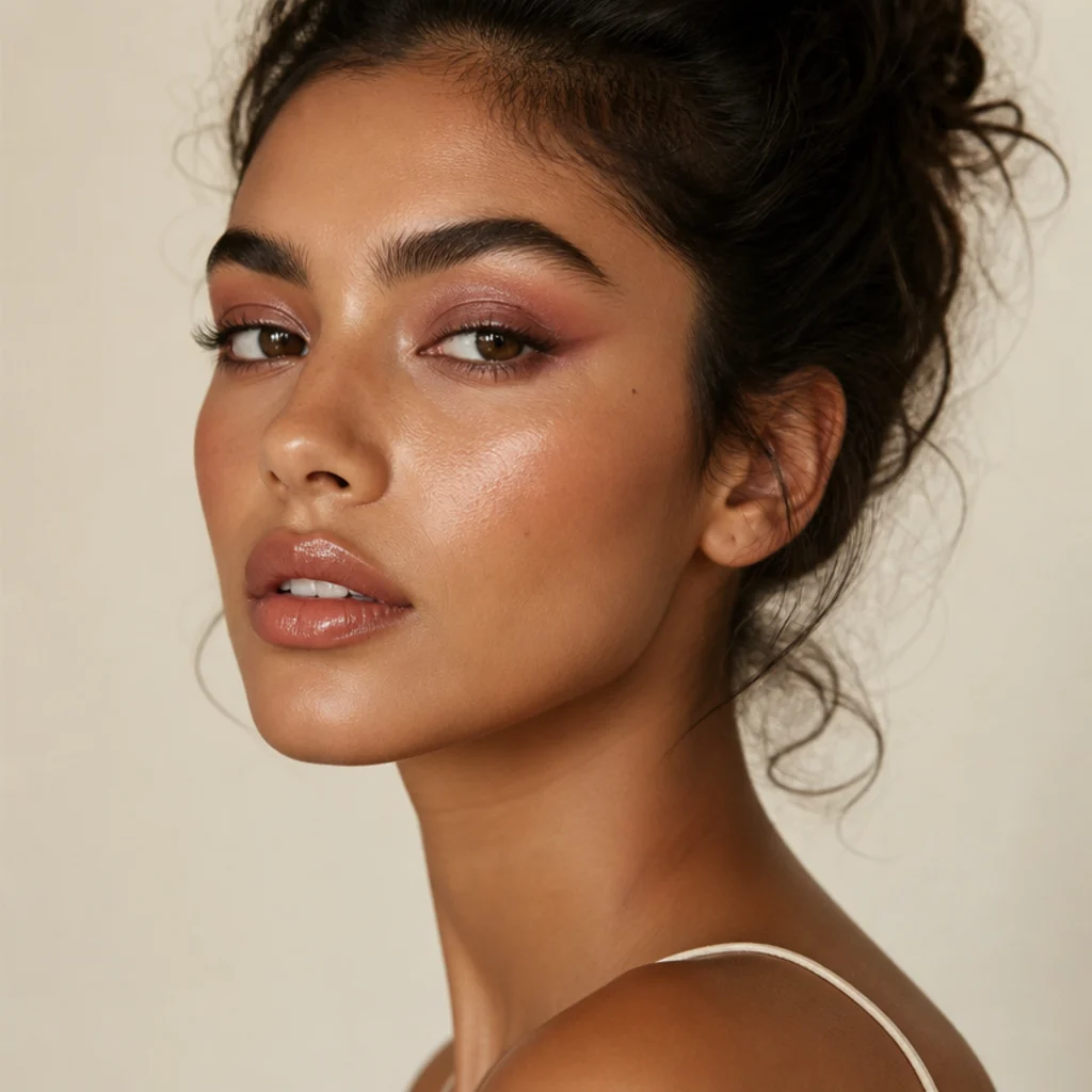 Beauty portrait with a rosy mauve diffused shadow lifted at the outer corners over warm neutral skin, the center lid kept soft and bright