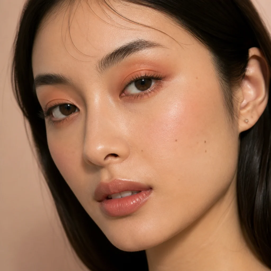 Fresh daytime makeup with a soft peach shadow washed across the lid and a deeper peach-brown lifted outward for a subtle foxy angle