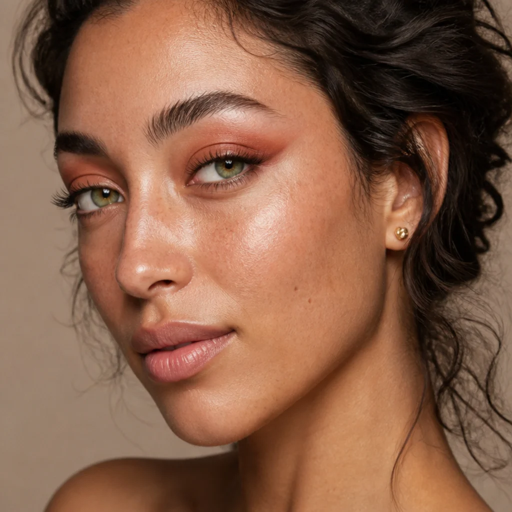 Editorial close-up of terracotta orange-brown shadow stretched and lifted along the outer eye for a warm foxy look with a copper-lit center