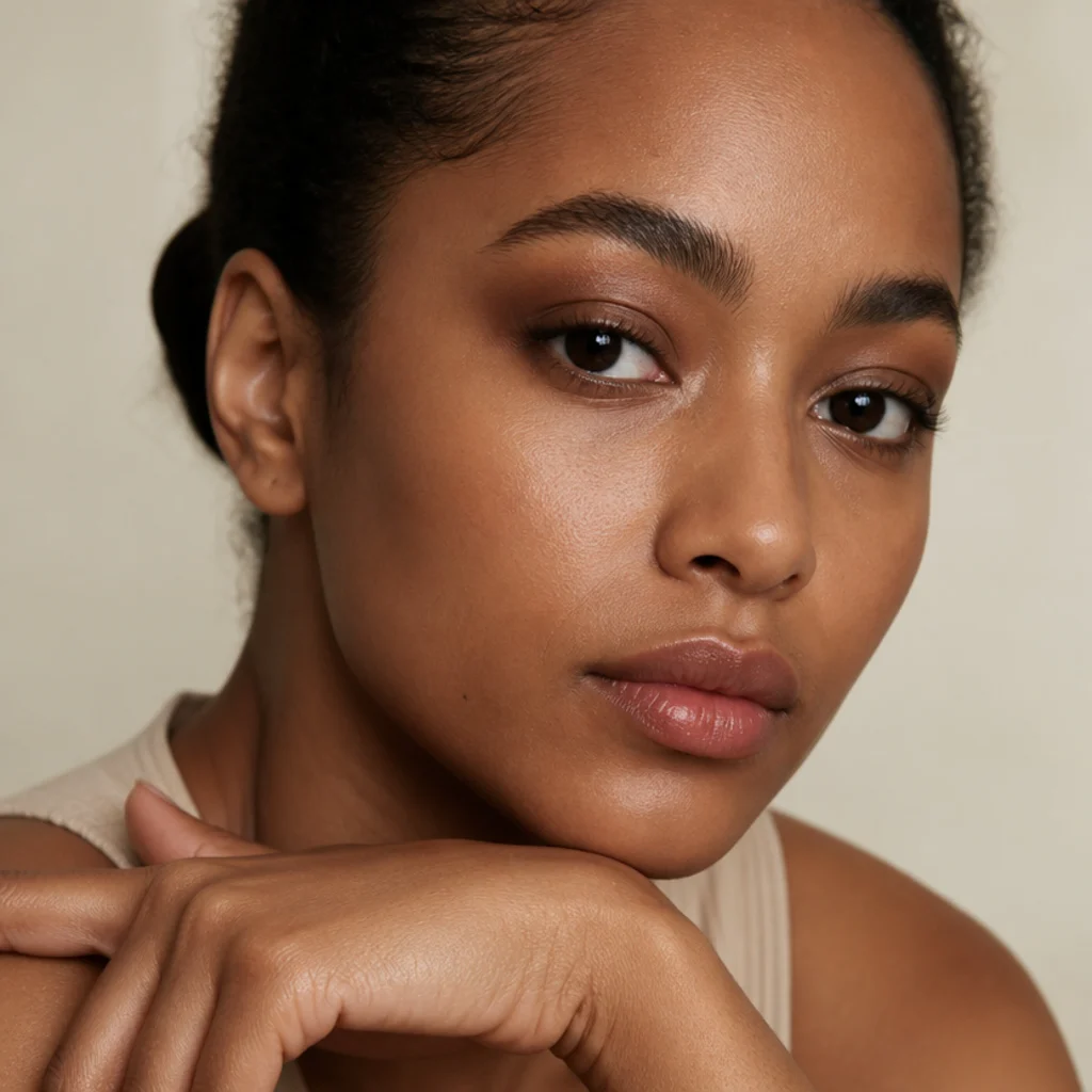 Model with a smoked warm-bronze eye where the lift is created by diffused shadow rather than a visible liner, with a clean champagne inner corner