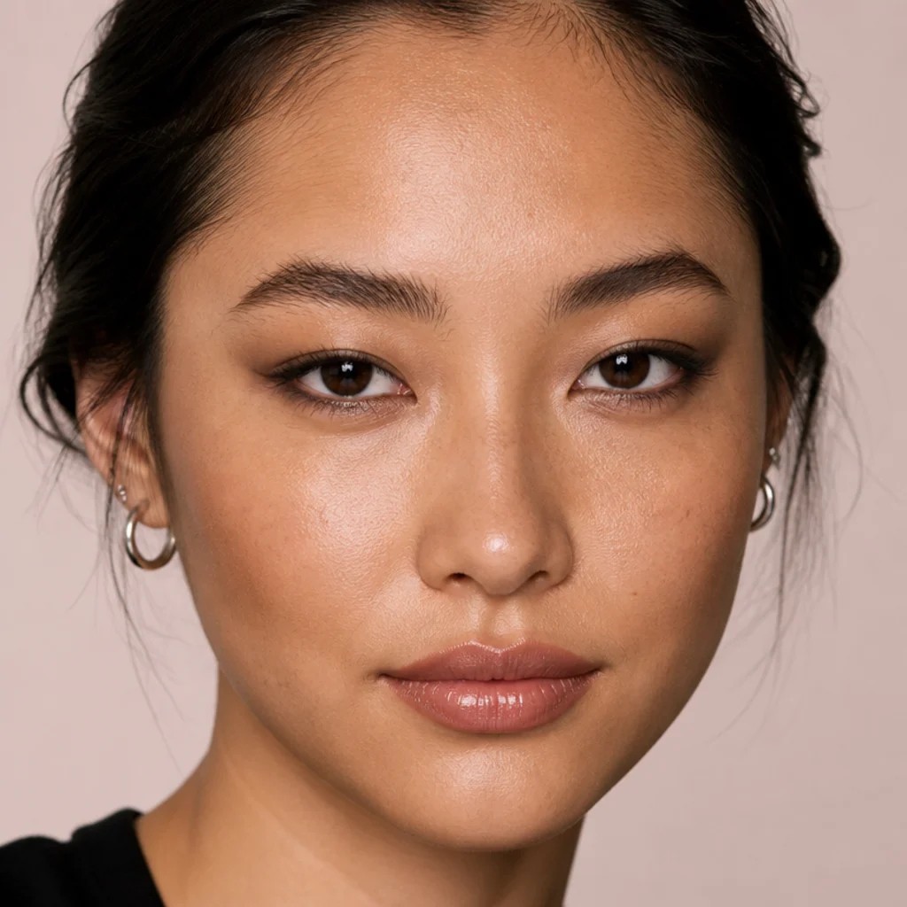 Hooded-eye makeup with a low-angled foxy liner drawn along the lower outer corner, clearly visible with the eye open and relaxed