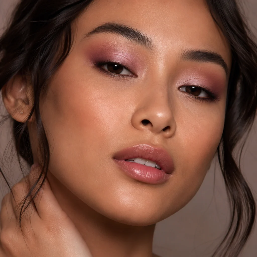 Beauty shot with a mauve halo eye, lighter shimmer patted at the center and deeper mauve lifted at the outer corner over neutral skin