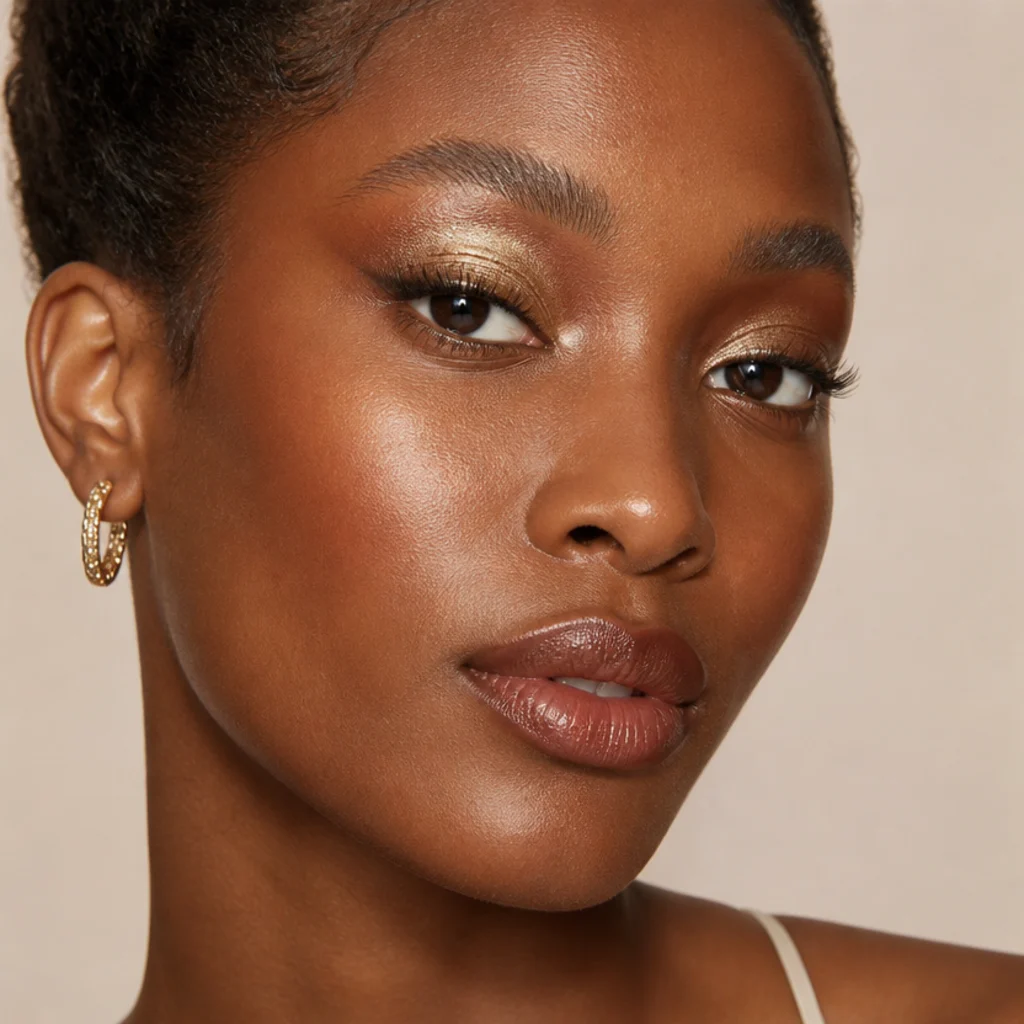Luminous eye look with golden champagne shimmer pressed on the lid and a soft cinnamon-brown lifted upward for a glowing foxy effect
