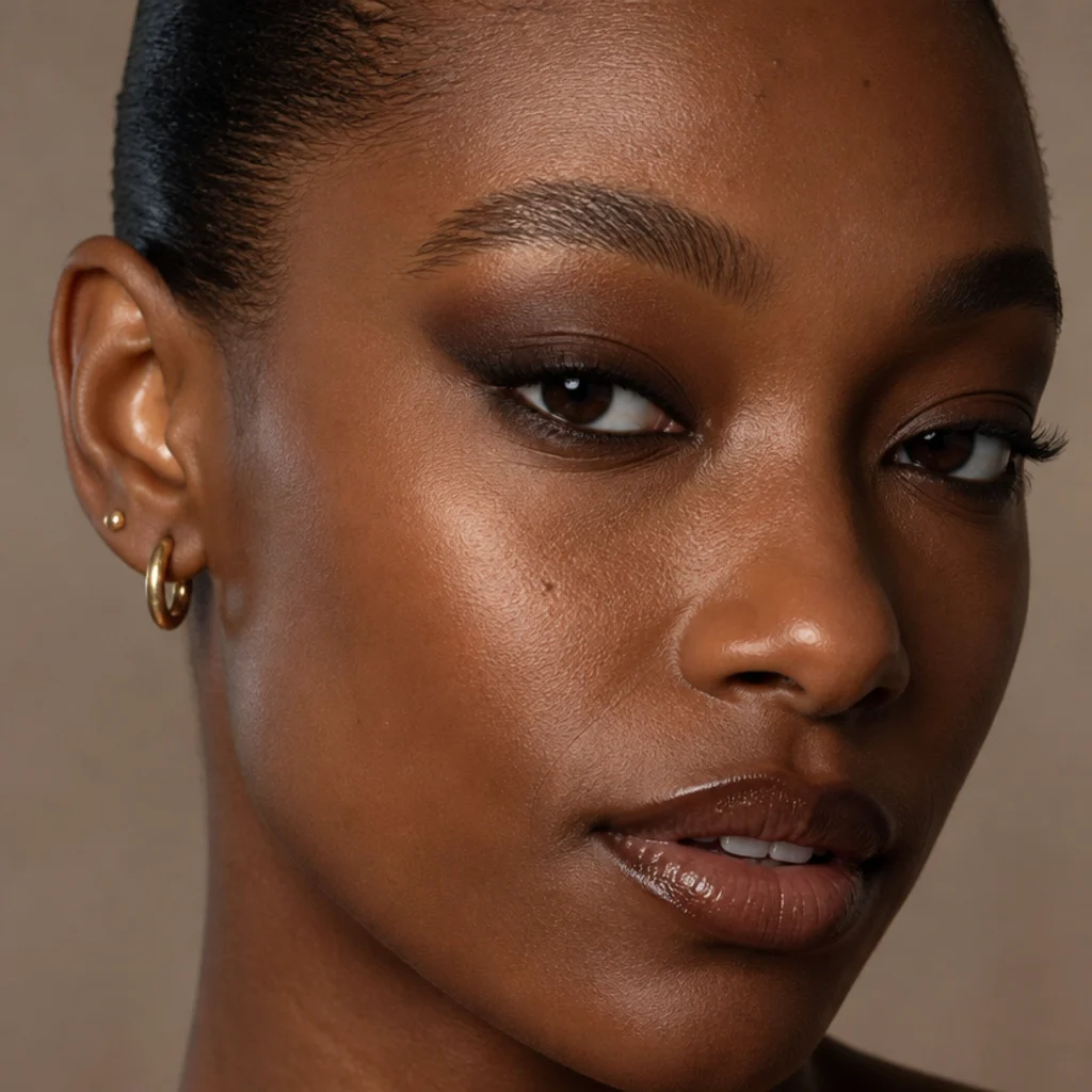 Close-up of a deep espresso-brown foxy eye with rich cool outer-corner depth blended up toward the brow over a lighter satin lid