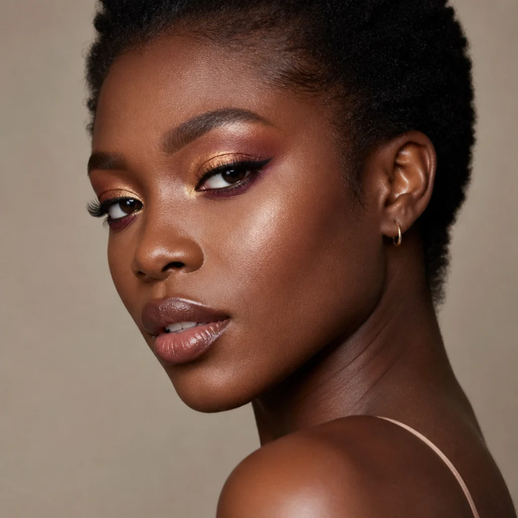 Radiant foxy eye look on deep skin with warm bronze, copper, and brick shadow layered inner-to-outer and lifted at the corner with a foiled center