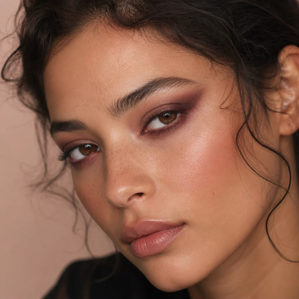 Smudged plum eye look with soft muted-purple shadow blended up and out for a moody foxy tilt over a light satin-nude center