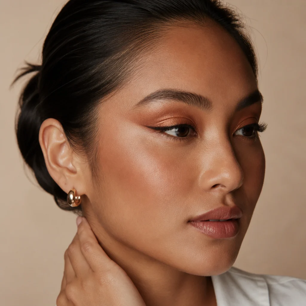 Defined copper cut-crease eye with a clean reflective lid and a softly lifted outer corner for a sharp yet soft foxy look