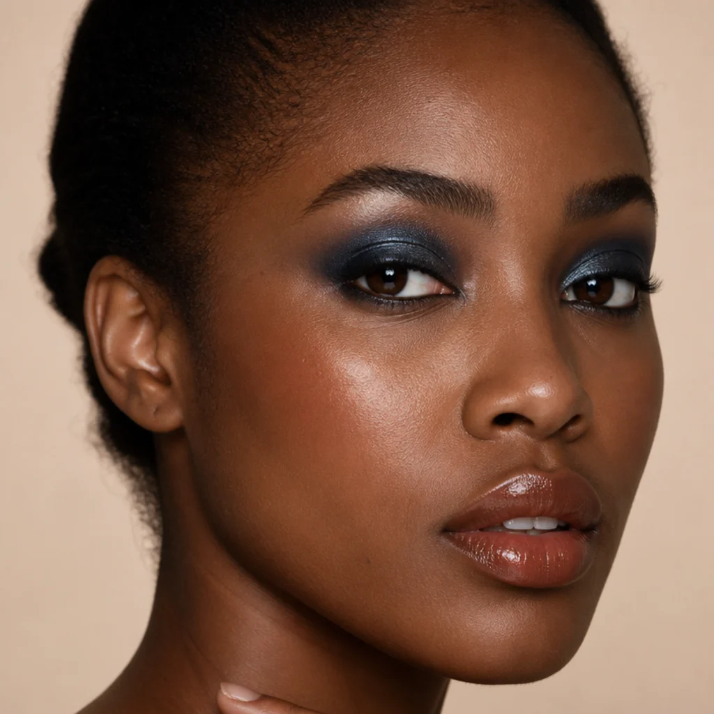 Evening eye look with soft navy shadow smoked and lifted at the outer corner over neutral skin with a pewter-silver center