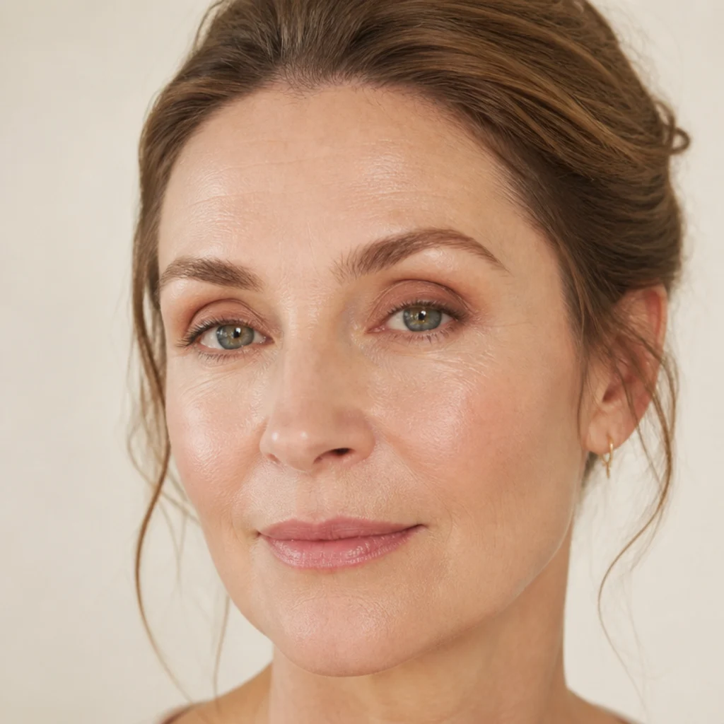 Neutral workplace-friendly eye with a soft beige-brown wash lifted subtly at the outer corner and no shimmer