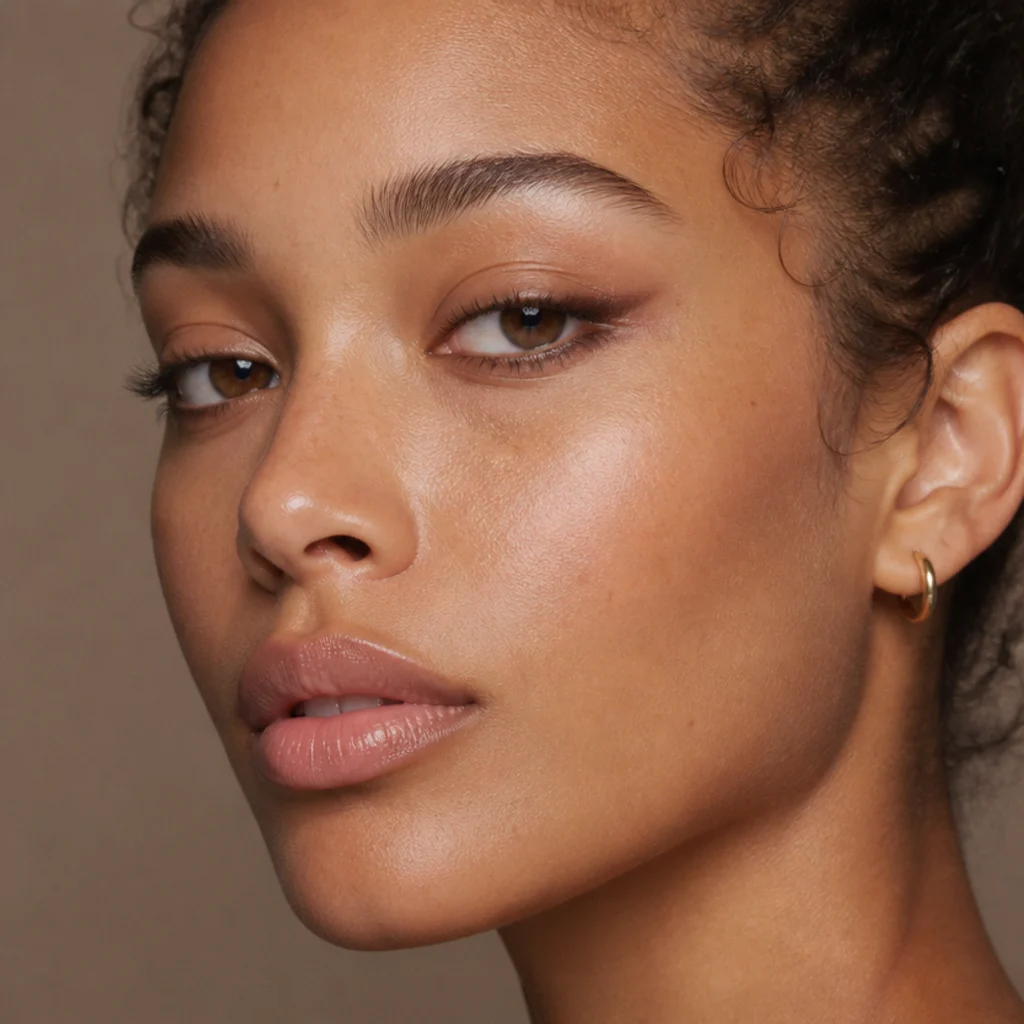 Reverse foxy look with warm mocha liner focused on the lower lash line and lifted at the outer corner, upper lid kept light