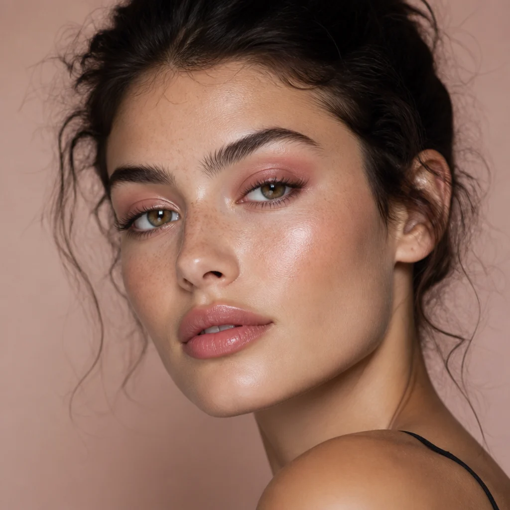 Soft dusty rose eye transitioning from a rounded doe shape at the center to a lifted foxy outer corner with mascara swept outward