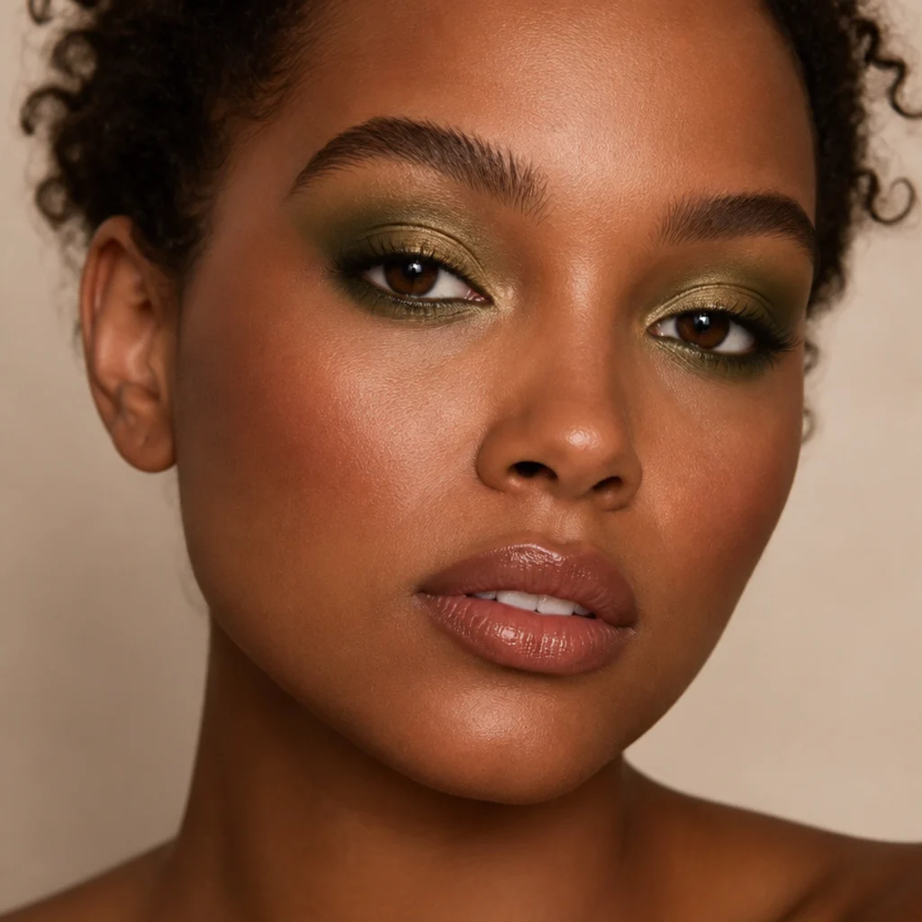 Smoky muted olive-green eye blended up and out at the outer corner with a soft gold center for an earthy soft foxy look